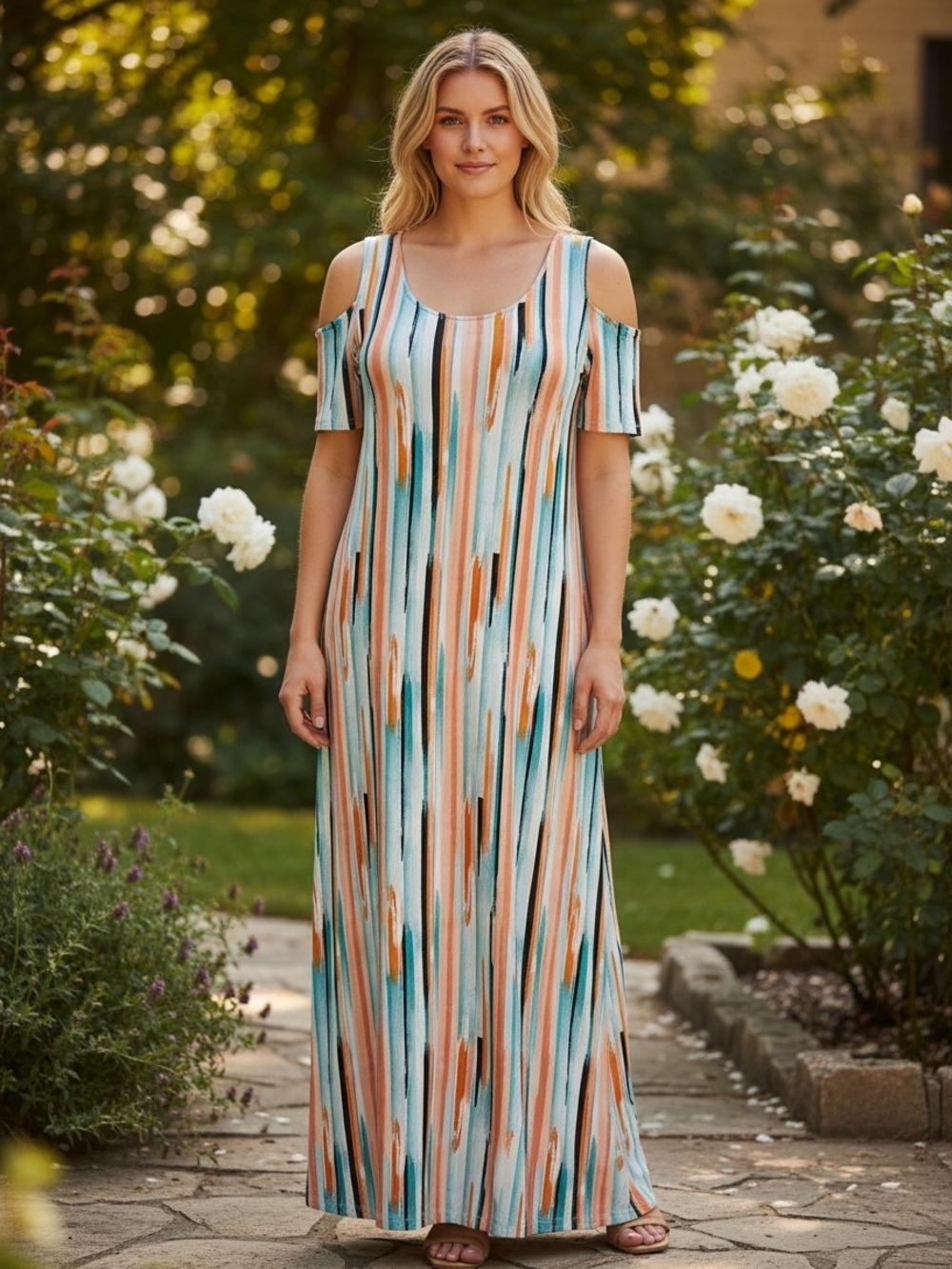 torrid Cold-Shoulder Maxi Dress in Teal, Peach & Cream Stripe